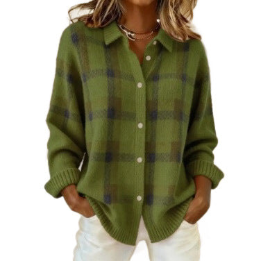 Damen Kariertes Strick-Hemdjacke-Cardigan mit Hemdkragen und gerippten Bündchen Shop Nory