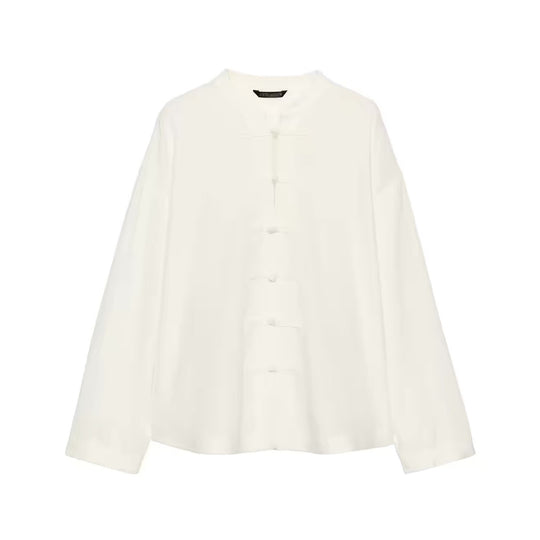 Damen Locker geschnittene Bluse im Mandarin‑Look mit Knotenknöpfen Shop Nory