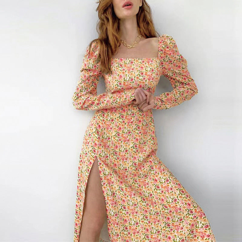 Damen Midikleid mit quadratischem Ausschnitt, tailliertem Bustier-Oberteil, Puffschulter und hohem Beinschlitz Shop Nory