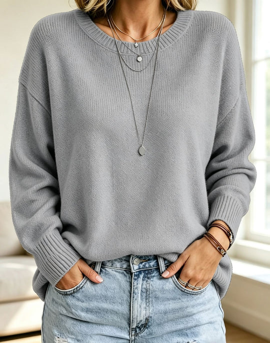 Damen Leichter Cashmere‑Touch Pullover mit Rundhalsausschnitt, überschnittener Schulter und gerippten Bündchen Shop Nory