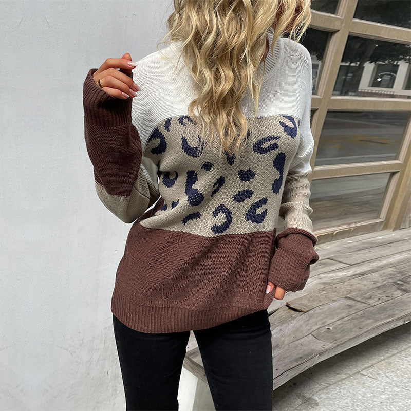 Damen Langarm-Feinstrickpullover mit dezentem Leoprint und Blockstreifen Shop Nory