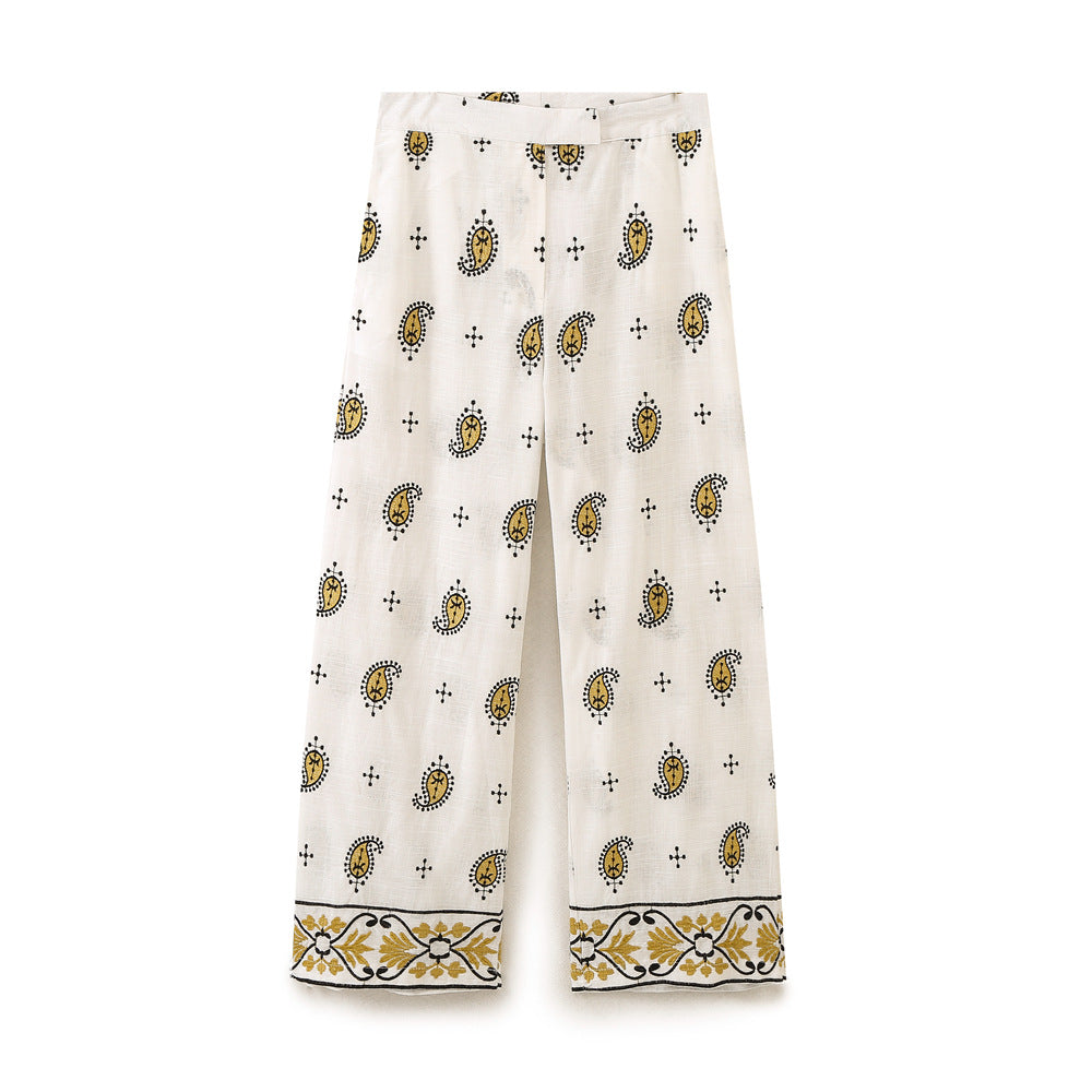 Damen Weite Leinenhose mit Paisley‑Print und besticktem Saum Shop Nory