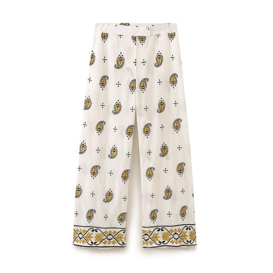 Damen Weite Leinenhose mit Paisley‑Print und besticktem Saum Shop Nory
