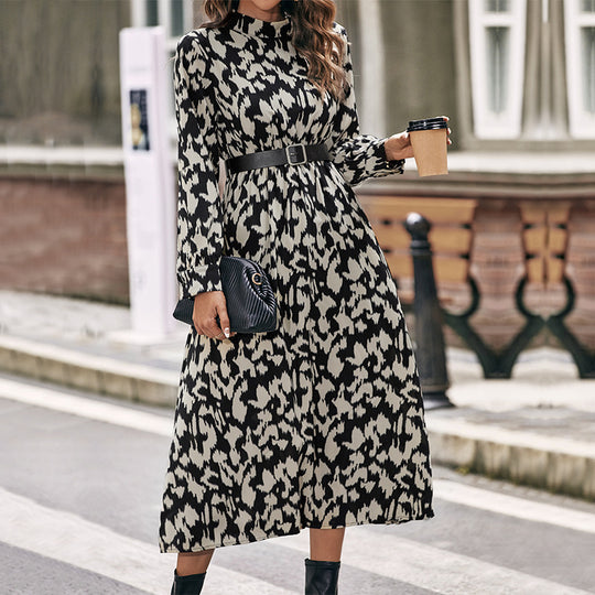 Damen Midikleid mit animalinspiriertem Print, Stehkragen und taillierendem Gürtel Shop Nory