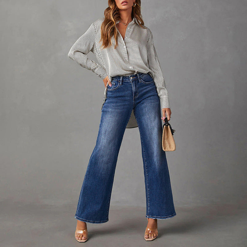 Damen High-Waist Denim-Schlaghose mit weitem Bein und leichter Vintage-Waschung Shop Nory