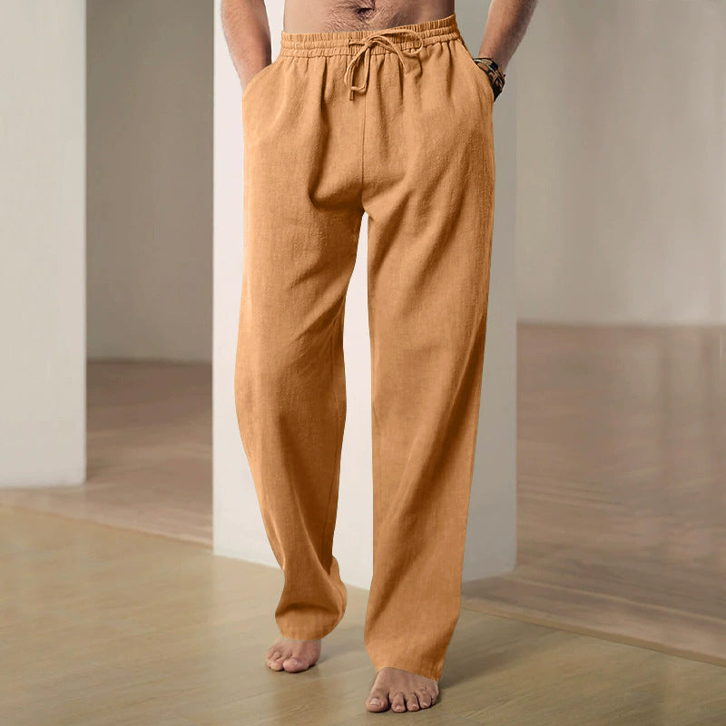 Herren nan lockere Leinen-Baumwoll-Freizeithose mit elastischem Bund und Kordelzug