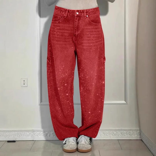 Damen High-Waist Jeans im weiten Cargo-Schnitt mit funkelndem Strassbesatz Shop Nory