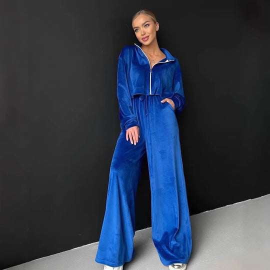 Damen gekürztes Velours-Cropped-Hoodie mit Stehkragen und elastischer High-Waist-Palazzo-Jogginghose Shop Nory