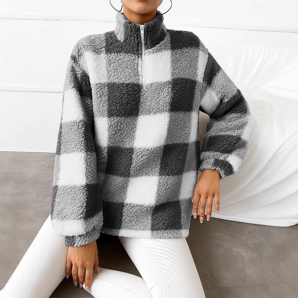 Damen nan kariertes Teddy-Fleece Pullover mit Stehkragen und halbhohem Reißverschluss Shop Nory