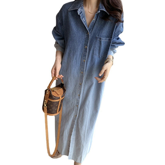 Damen Verlaufs-Jeans-Hemdkleid Maxi mit durchgehender Knopfleiste, Brusttasche und Seitenschlitzen Shop Nory