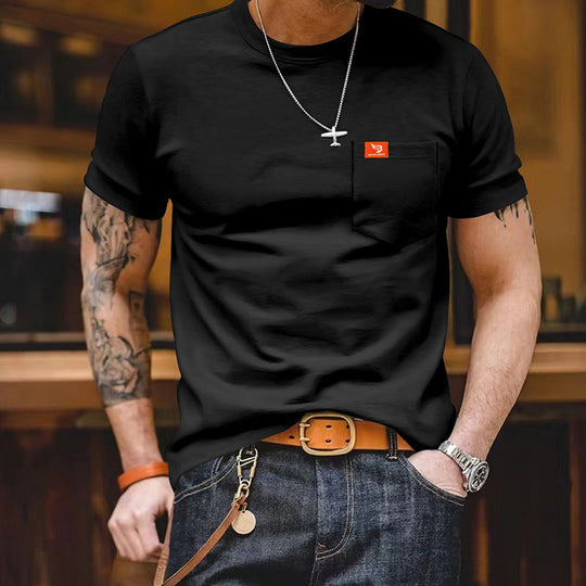 Herren klassisches Kurzarm T-Shirt mit Brusttasche aus hochwertiger Baumwolle