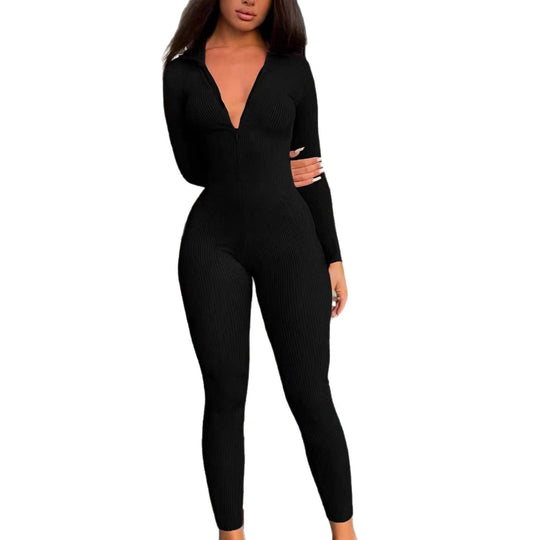 Damen Figurbetonter Rippstrick Jumpsuit mit Reißverschluss und Hemdkragen Shop Nory