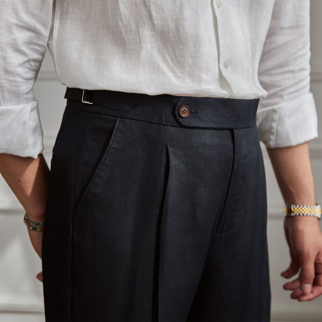 Herren Leinenhose mit hoher Taille, Bundfalten und verstellbarem Seitenriegel Shop Nory