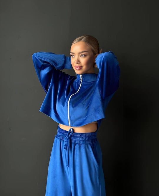 Damen gekürztes Velours-Cropped-Hoodie mit Stehkragen und elastischer High-Waist-Palazzo-Jogginghose Shop Nory