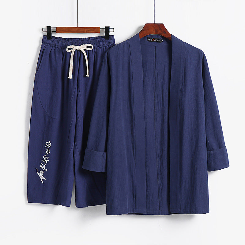 Damen Kimono-Set aus leichter Baumwollmischung offene Jacke mit lässig gekrempelten Ärmeln und weiter Haremshose mit Kordelzug Shop Nory