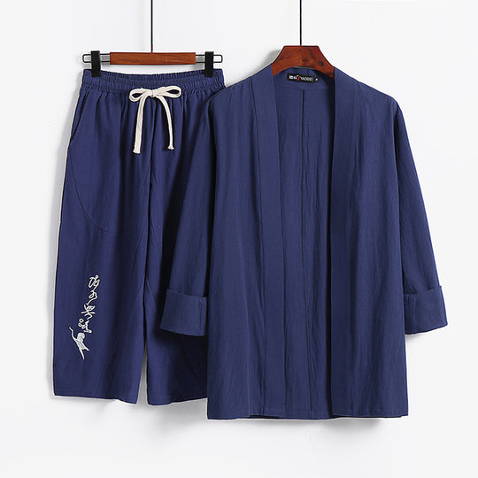 Damen Kimono-Set aus leichter Baumwollmischung offene Jacke mit lässig gekrempelten Ärmeln und weiter Haremshose mit Kordelzug Shop Nory