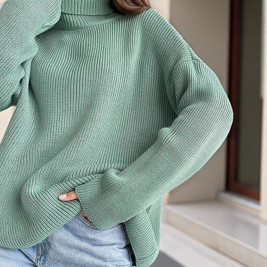 Damen Oversized Rippenstrick Rollkragenpullover mit verlängerter Manschette Shop Nory