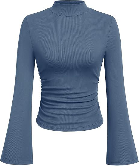 Damen Geripptes Langarm-Top mit Stehkragen, Trompetenärmeln und tailliertem Schnitt Shop Nory