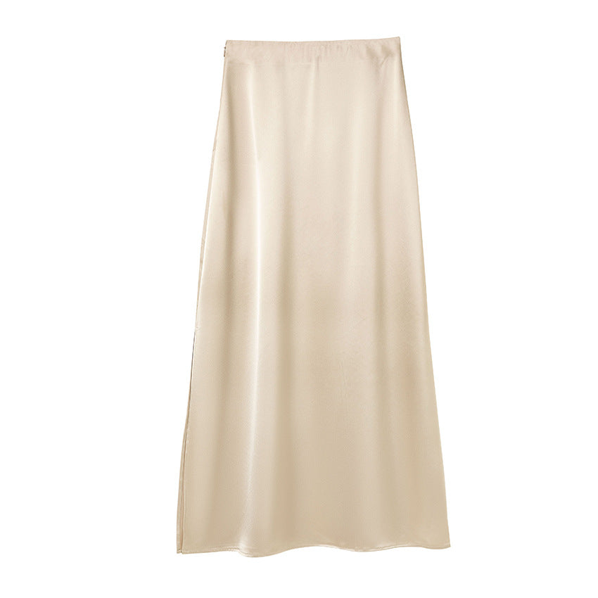 Damen Langer eleganter Satin-Biaisrock mit hohem Bund und fließender Silhouette Shop Nory