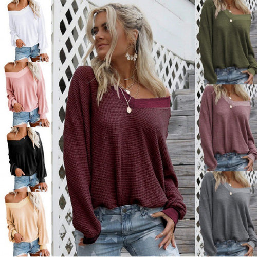 Damen Off‑Shoulder Waffelstrickpullover mit weitem Arm und elastischen Bündchen Shop Nory