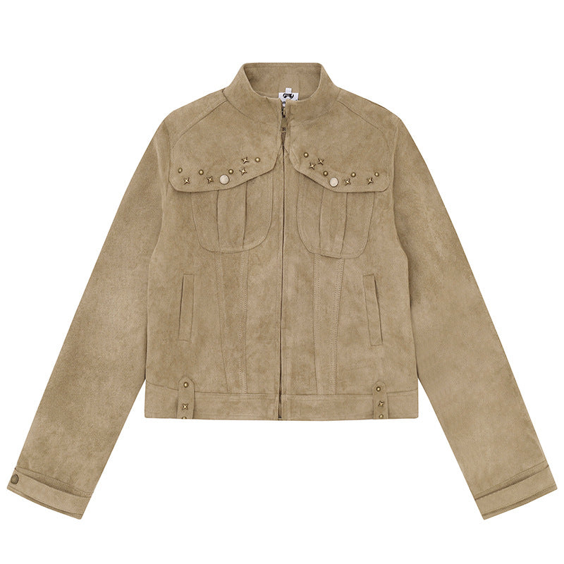 Damen Kurz geschnittene Velourslederjacke mit Stehkragen, Zier‑Nieten und Pattentaschen Shop Nory