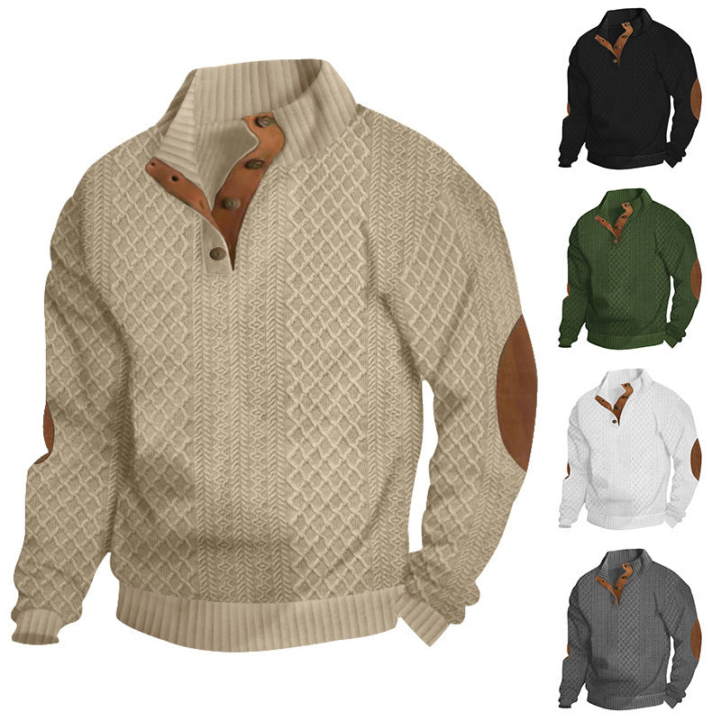 Herren Strukturierter Aran-Strickpullover mit halbem Knopfleistenkragen und Leder-Ellbogenpatches Shop Nory