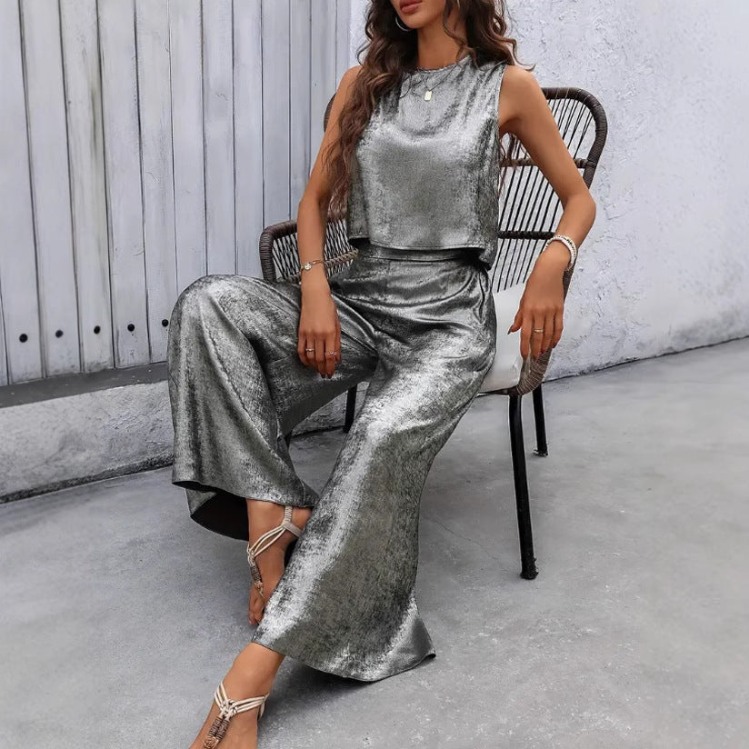 Damen Glänzendes Set aus ärmellosem Oberteil und weitem Hosen Shopnory