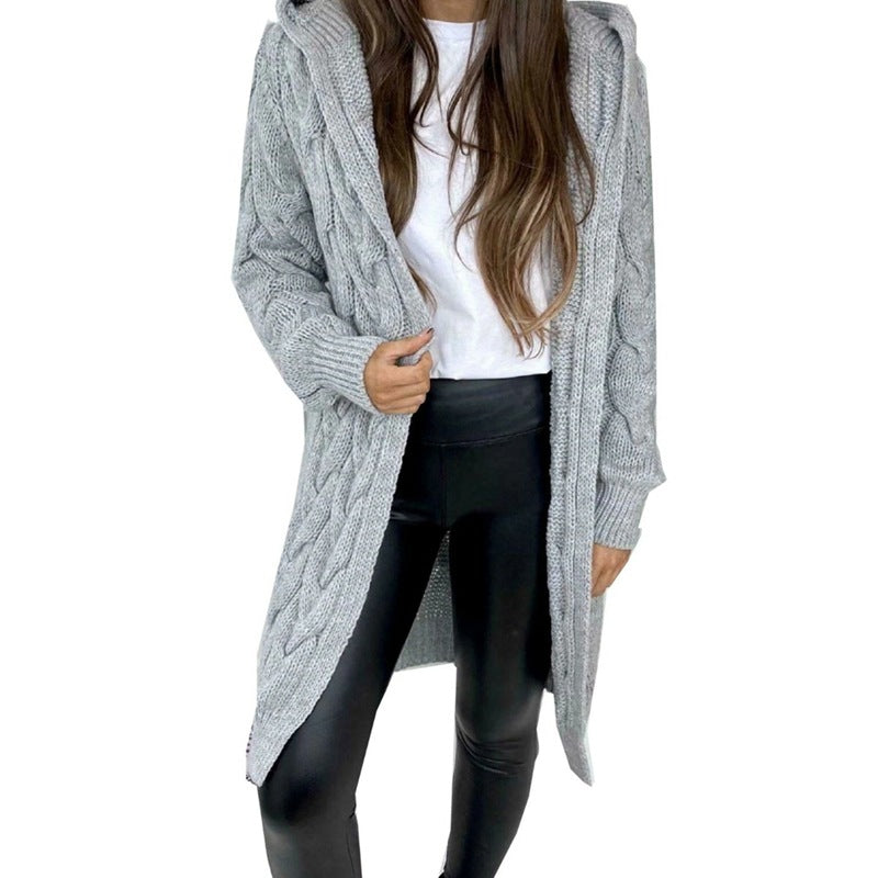 Damen lange Strickjacke mit Kapuze und Zopfdesign