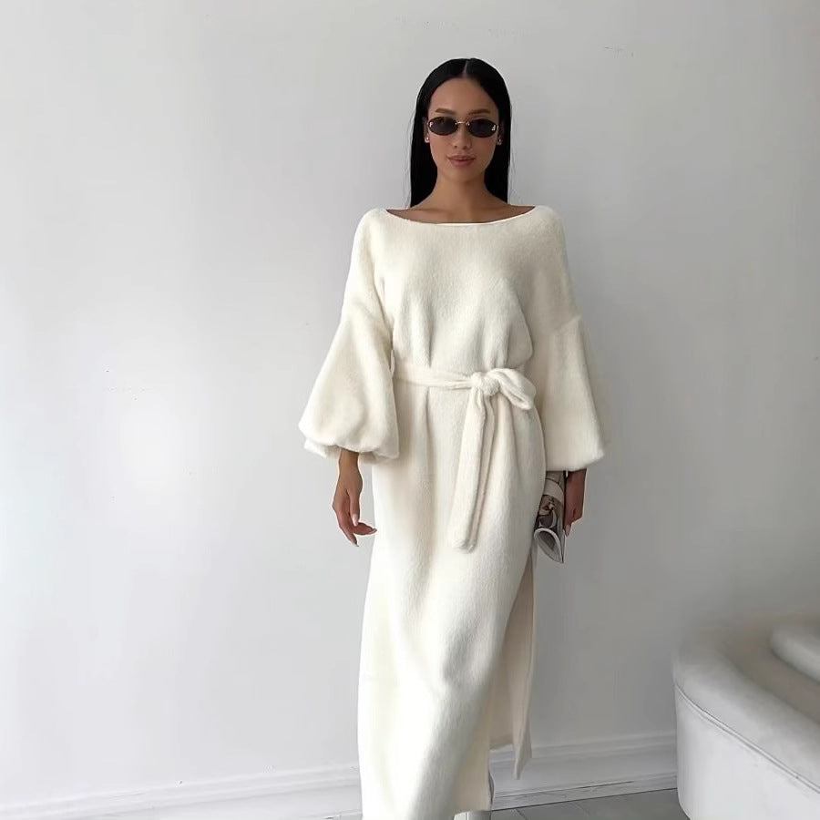 Damen Kuschel-Midikleid mit Bindegürtel und Ballonärmeln Shop Nory