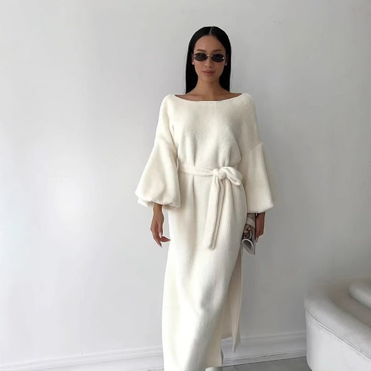 Damen Kuschel-Midikleid mit Bindegürtel und Ballonärmeln Shop Nory