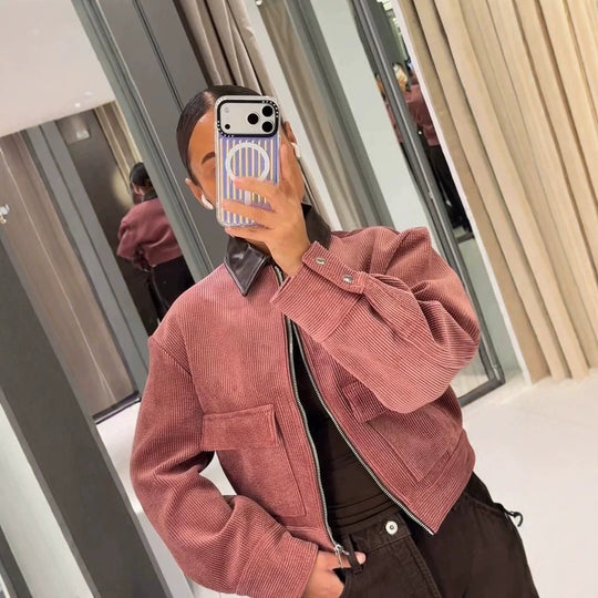Damen Kurze Cordjacke mit kontrastierendem Lederkragen, Oversize-Silhouette und Metallreißverschluss Shop Nory