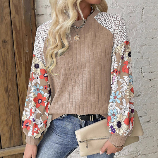 Damen Pullover mit Rippenstruktur, Häkel-Raglan und geblümten Ballonärmeln Shop Nory