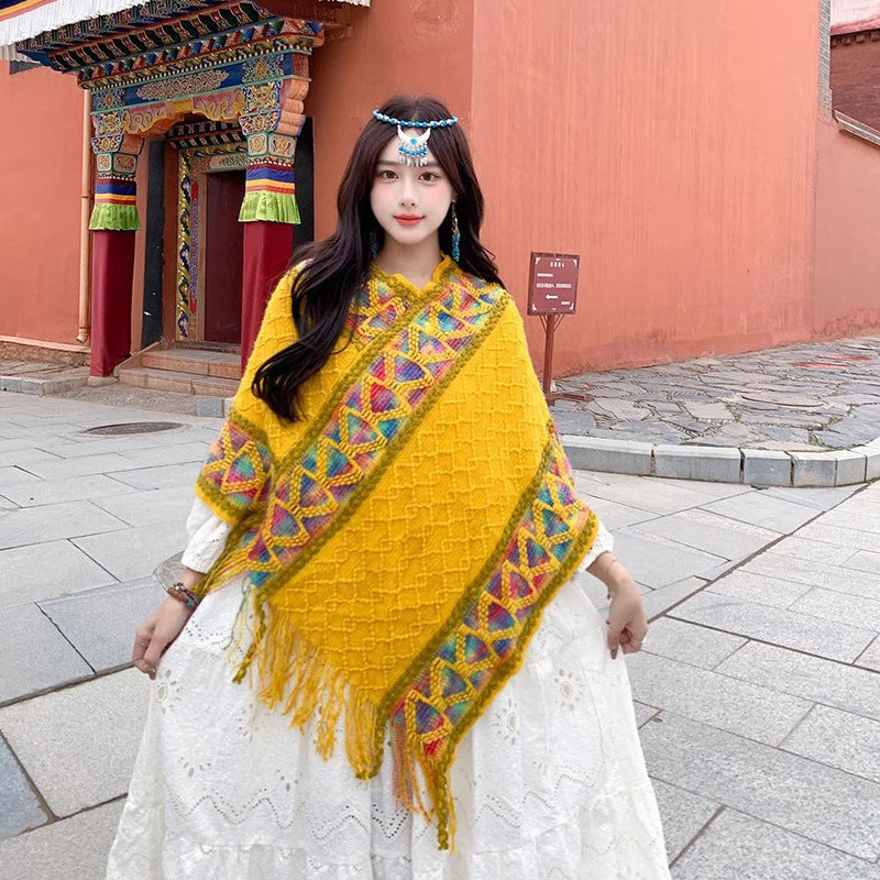 Damen Oversize-Poncho mit Fransen und geometrischem Jacquardbesatz Shop Nory