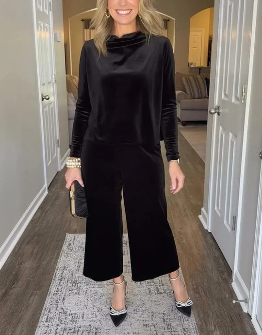Damen Elegantes Samt-Zweiteiler mit Wasserfallkragen und weiter Culotte-Hose Shop Nory