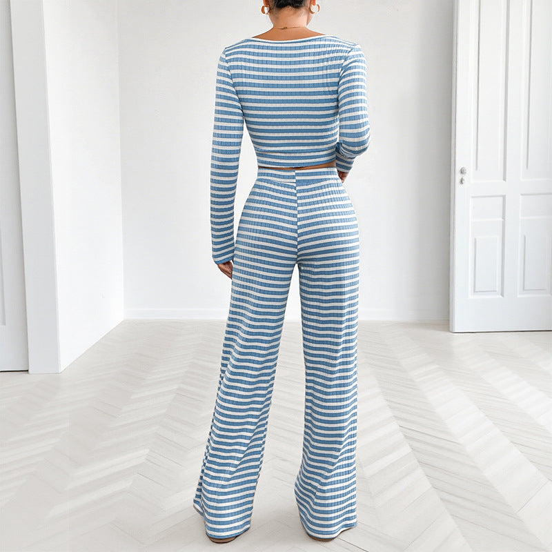 Damen Freizeitliches Zweiteiliges Set mit gestreiftem Oberteil und weitem Hose Shop Nory