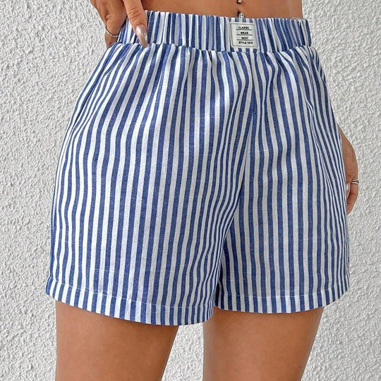 Damen gestreifte Shorts aus leichter Baumwolle mit elastischem Bund