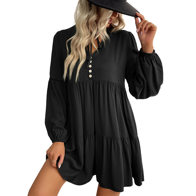 Damen Weiches Stufen-Minikleid mit V-Ausschnitt, Knopfleiste und Ballonärmeln Shop Nory