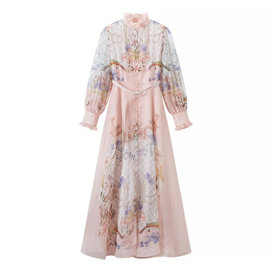 Damen Maxikleid mit Rüschenkragen, transparentem Chiffon-Overlay und taillierter Knopfleiste Shop Nory