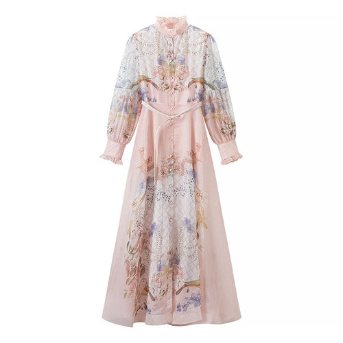 Damen Maxikleid mit Rüschenkragen, transparentem Chiffon-Overlay und taillierter Knopfleiste Shop Nory