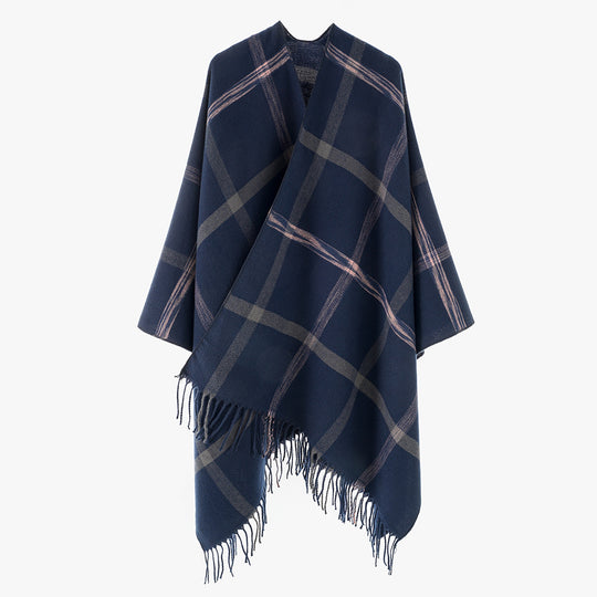 Damen Weit geschnittener Karierter Poncho mit Fransen und V‑Ausschnitt Shop Nory