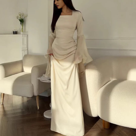 Damen Abendkleid mit Quadrat-Ausschnitt, transparenten Glockenärmeln und drapierter Taillenpartie Shop Nory