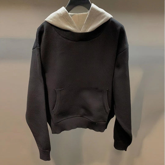 Unisex Grobgestricktes Lagenlook-Sweatshirt mit Kontrastkapuze und Kängurutasche Shop Nory