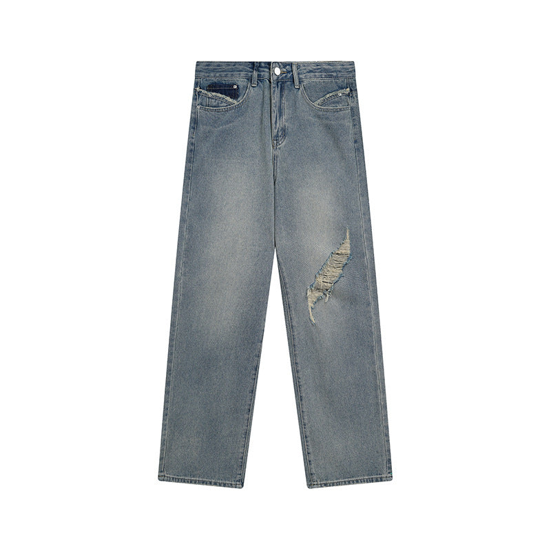 Damen Weite hochgeschnittene Denim-Jeans mit geradem Bein und Destroyed-Detail Shop Nory