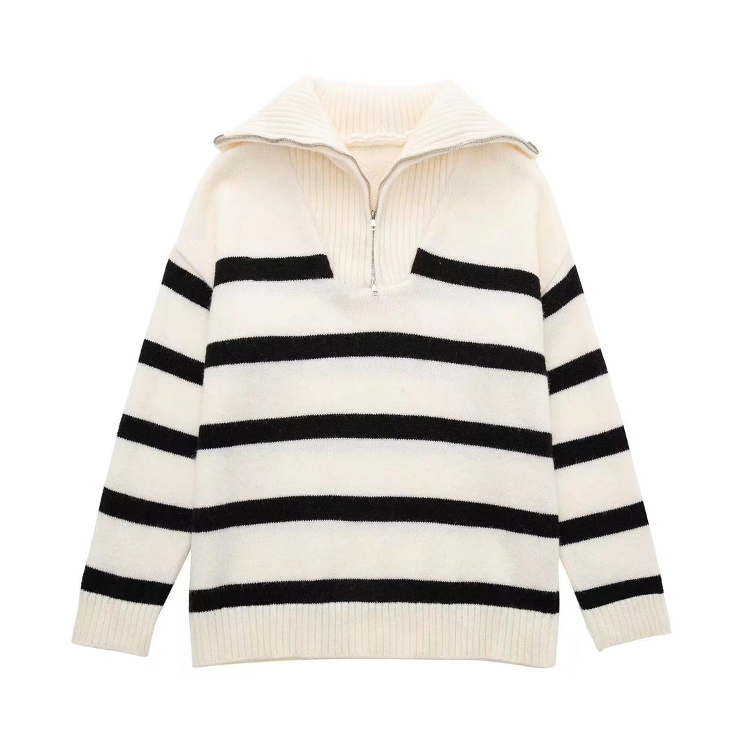 Damen Gestreifter Halb-Reißverschluss Strickpullover mit Rippenkragen Shop Nory