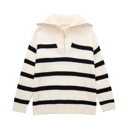Damen Gestreifter Halb-Reißverschluss Strickpullover mit Rippenkragen Shop Nory