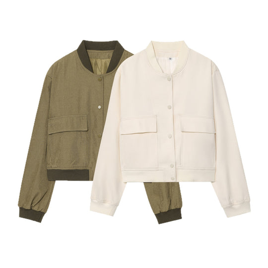Damen Gekürzte Boxy-Jacke mit Druckknöpfen, großen aufgesetzten Taschen und Rippenbündchen Shop Nory