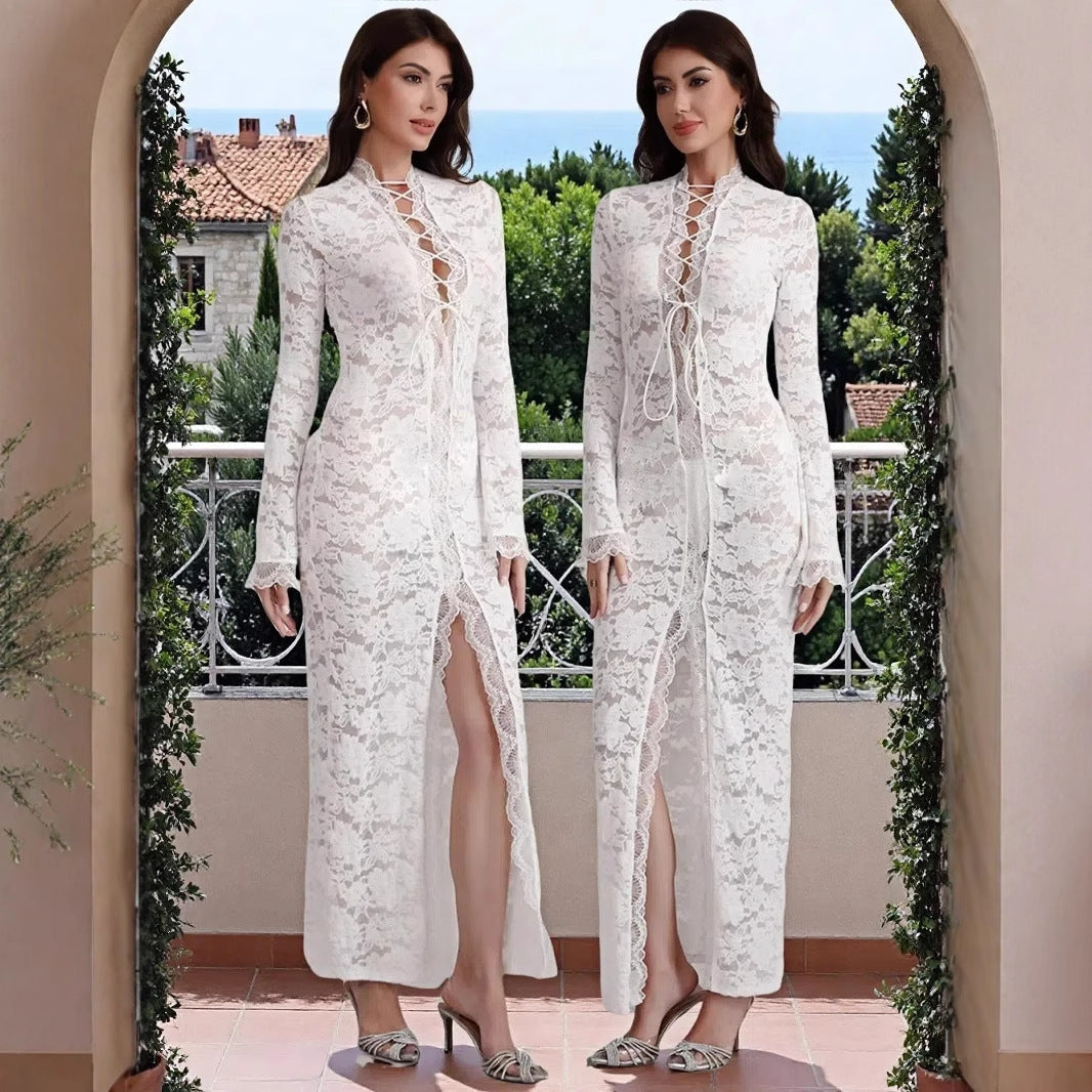 Damen Spitzenmaxikleid mit Schnürung und hohem Beinschlitz Shop Nory