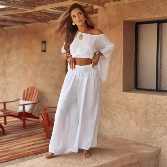 Damen Leichter Leinen-Zweiteiler mit Cropped Oversize-Top und Smokbund-Palazzohose Shop Nory