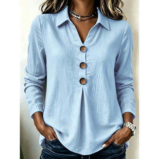 Damen Langarm-Bluse mit Holzknopfleiste und Vorderfalte Shop Nory