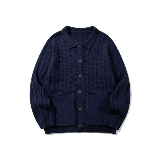 Unisex Grobgestrickte Hemdjacke mit Kentkragen, Knopfleiste und aufgesetzten Taschen Shop Nory